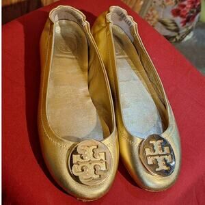 Tory Burch Shoes Ballet Flats Women's 6.5 / 37 EU Gold Metallic Logo Classic